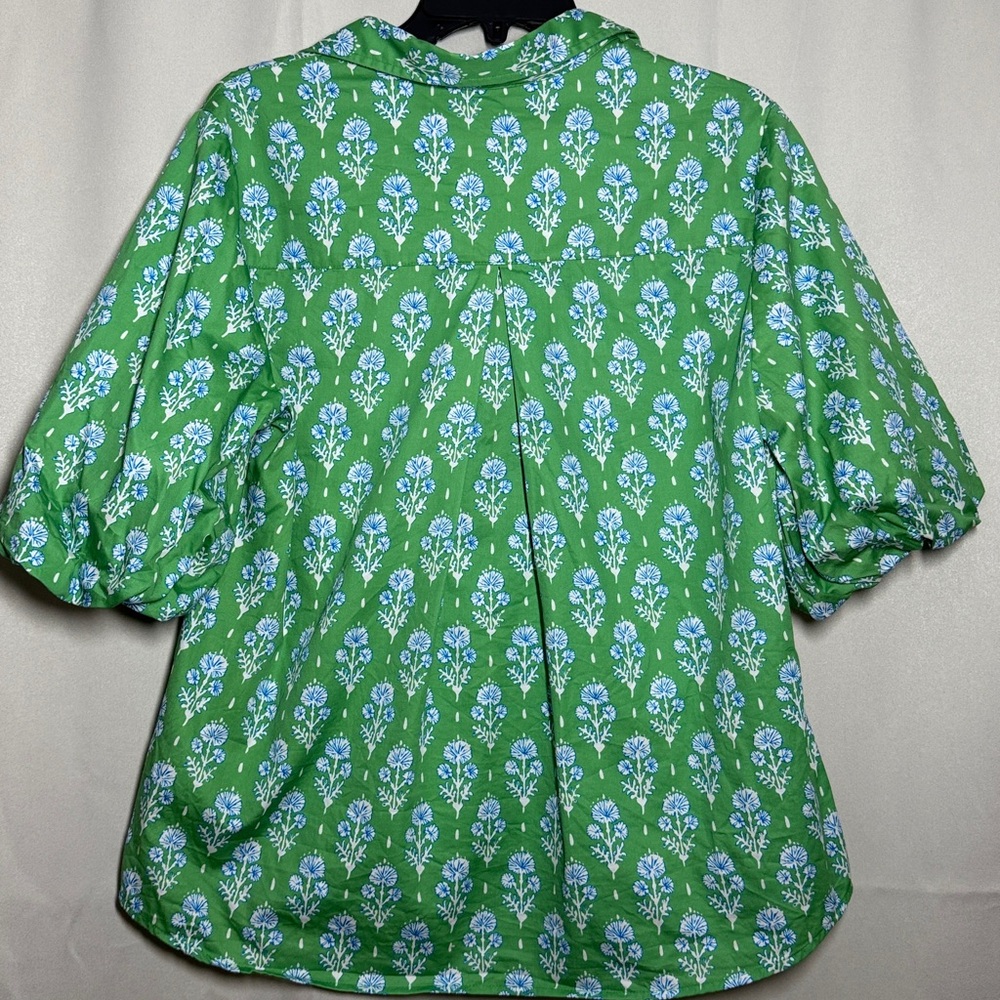 Patty Kim Morgan Top Green Blue Floral Button Down Puff Sleeve Top Medium - Picture 3 of 6